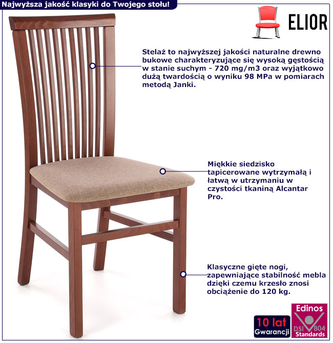 Infografika drewnianego krzesła z tapicerowanym siedziskiem ciemny orzech Mako 4X
