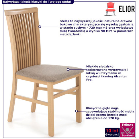 infografika krzesła drewnianego z tapicerowanym siedziskiem dąb artisan Mako 4X