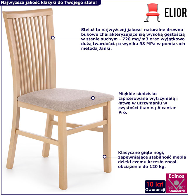 Infografika drewnianego krzesła z tapicerowanym siedziskiem sonoma Mako 4X