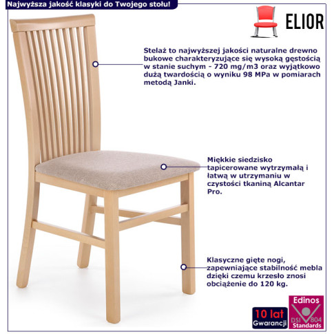 infografika krzesła drewnianego z tapicerowanym siedziskiem dąb sonoma Mako 4X