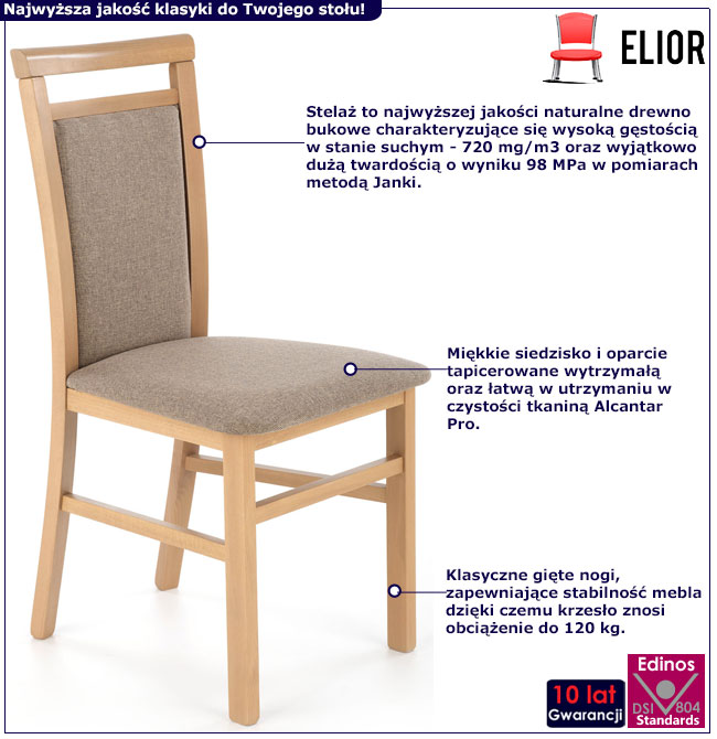 Infografika drewnianego tapicerowanego krzesła klasycznego dąb artisan Mako 5X