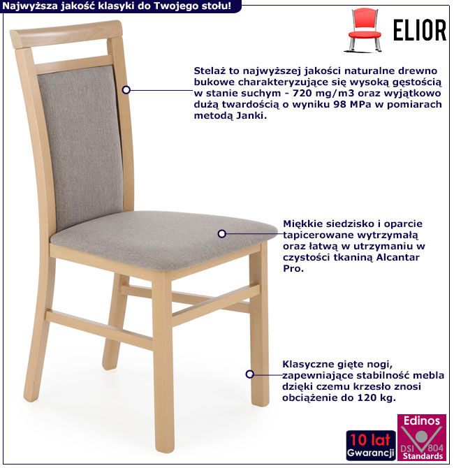 Infografika drewnianego tapicerowanego krzesła klasycznego dąb sonoma Mako 5X