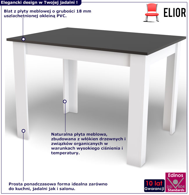 Infografika prostokątnego stołu do kuchni Wezen 4X czarny + biały