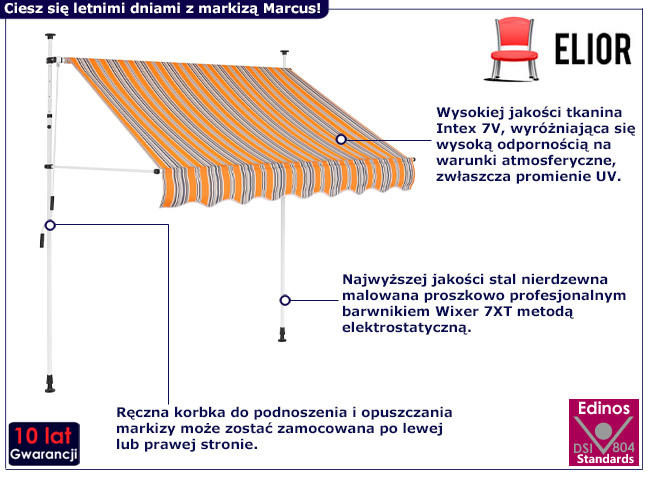 Markiza ręcznie zwijana Marcus pomarańczowo-niebieski pasy