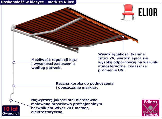 Markiza ręcznie zwijana Higres pomarańczowo-brązowe pasy