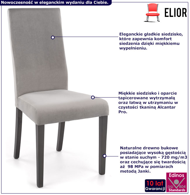 Infografika szarego drewnianego krzesła tapicerowanego do salonu Ulto