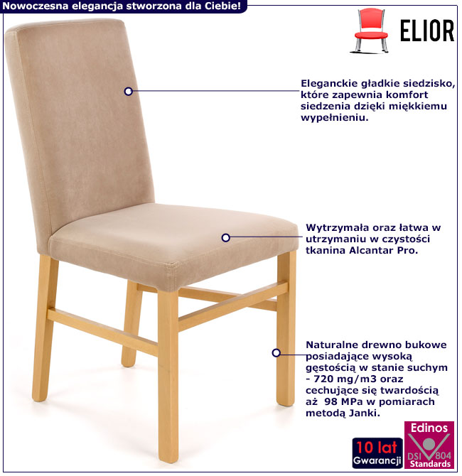 Infografika beżowego drewnianego gładkiego krzesła tapicerowanego Lexo 3X