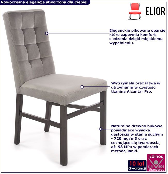 Infografika szarego drewnianego pikowanego krzesła tapicerowanego Lexo 4X