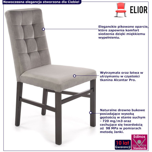 infografika nowoczesne drewniane krzesło tapicerowane pikowane szare Lexo 4X