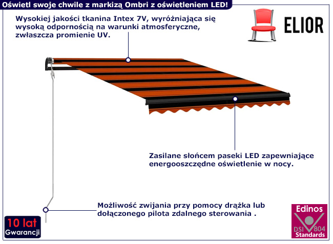 Markiza tarasowa z LED Otir czerwono-czarne pasy