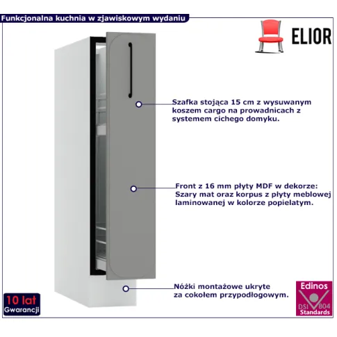 Kuchenna szafka z koszem cargo 15cm szary Fiorentina 3X