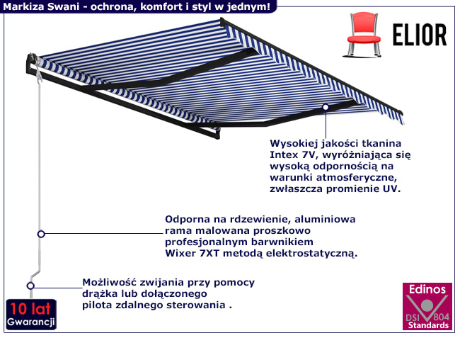 Markiza tarasowa z pilotem Lotsi niebiesko-białe pasy