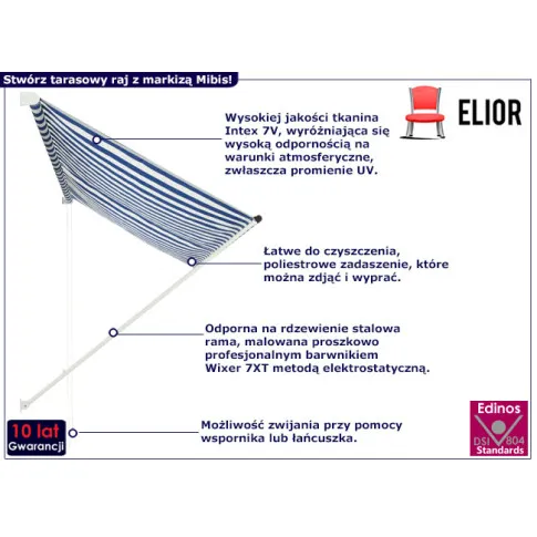Ścienna markiza na taras Mibis niebiesko białe pasy