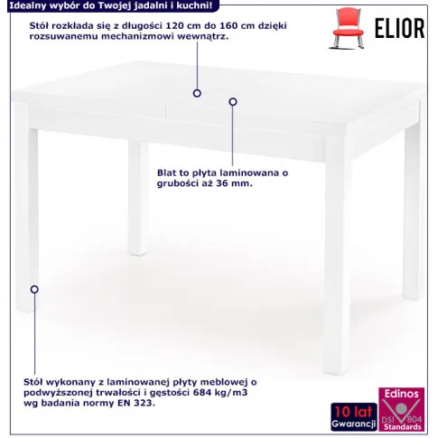 infografika białego stołu rozsuwanego Jeros