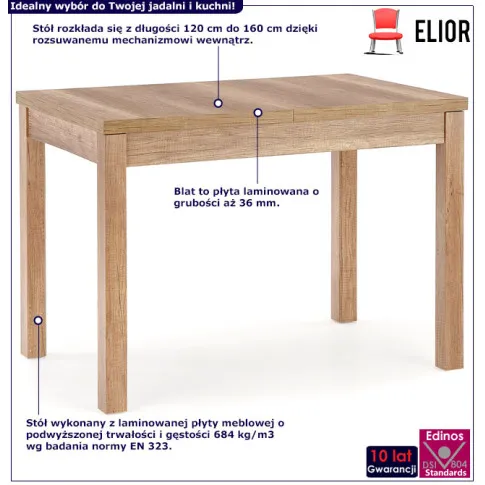 infografika nowoczesnego stołu rozsuwanego dąb sonoma Jeros