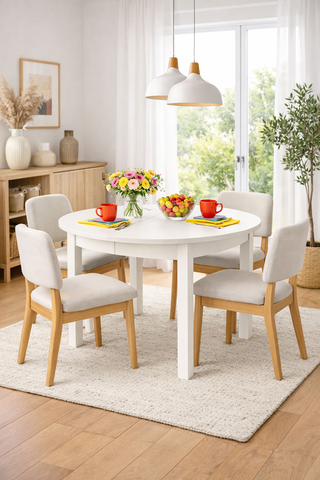 Aranżacja jadalni z białym stołem rozkładanym Alenox