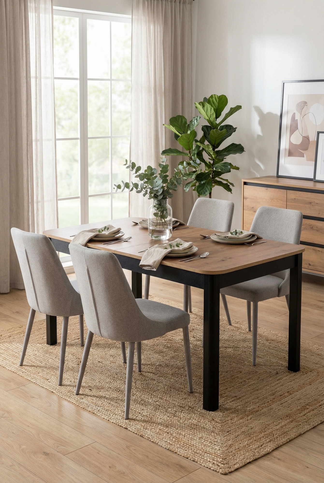 Aranżacja jadalni z rozkładanym stołem dąb artisan + czarny - Swerik