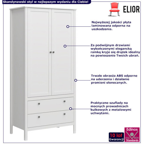 infografika białej szafy dwudrzwiowej z drążkiem i 2 szufladami Jasaro 13X