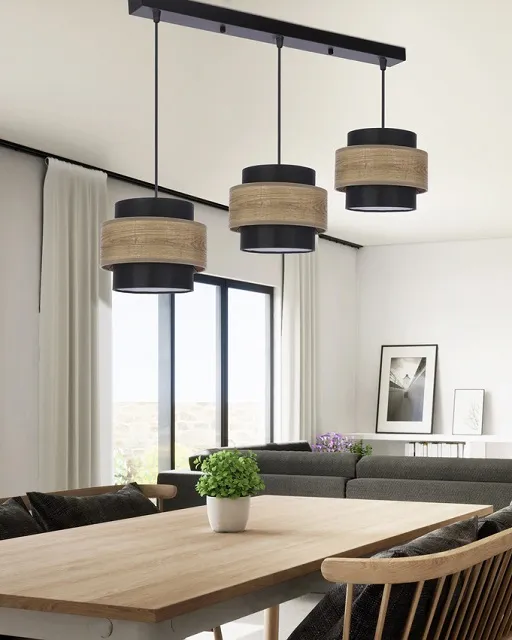 Produkt Czarna lampa wisząca trzy klosze z dekoracyjnym fornirem - V106-Iwex