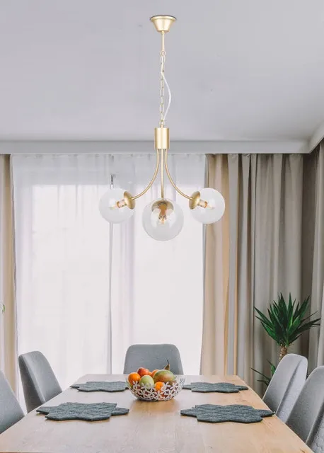 Produkt Elegancka lampa wisząca w kolorze mosiądzu z trzema szklanymi kloszami - V120-Mevis