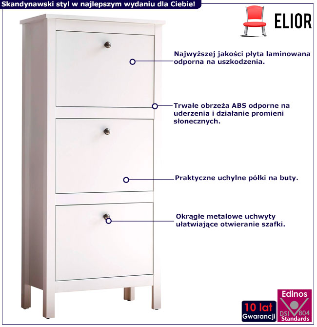 Infografika wysokiej białej szafki na buty Omaron 15X