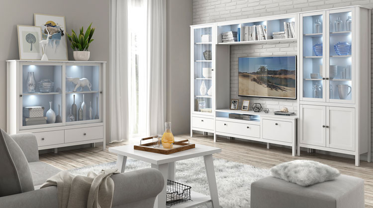Salon z zastosowaniem białej szafki pod telewizor z podświetleniem LED Jasaro 17X
