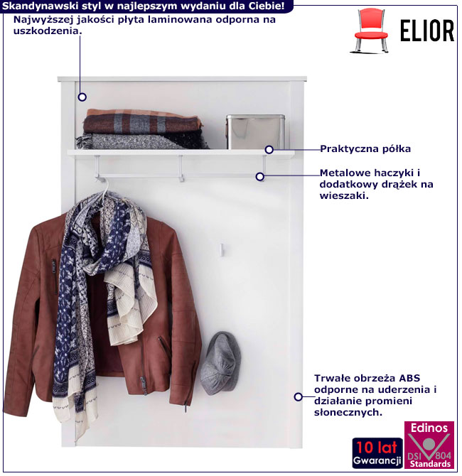 Infografika białego wieszaka ściennego z półką do przedpokoju Omaron 18X