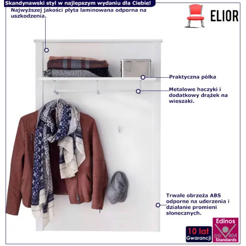 infografika białego nowoczesnego wieszaka do przedpokoju z półką Jasaro 18X