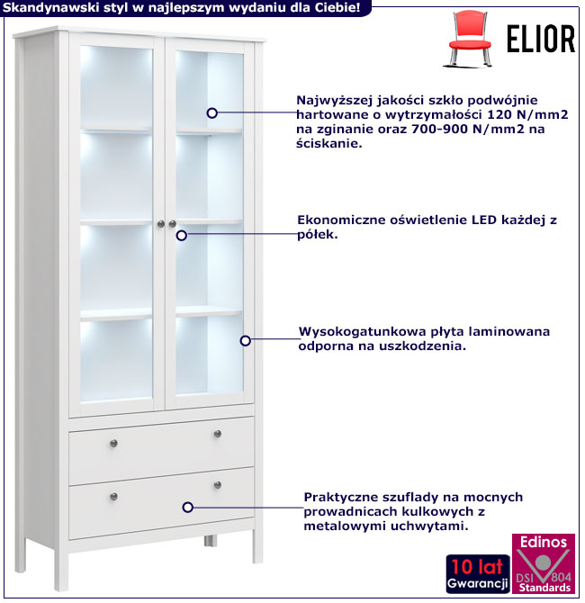 Infografika dwudrzwiowej wysokiej witryny led z szufladami Omaron 22X