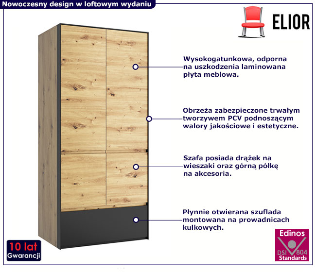 Dwudrzwiowa wysoka szafa z drążkiem dąb artisan z czarnym Flaser 6X