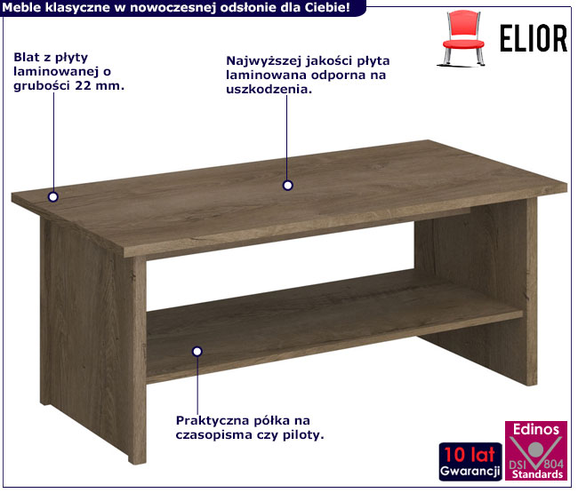 Infografika prostokątnej ławy kawowej dąb lefkas Efanos 5X