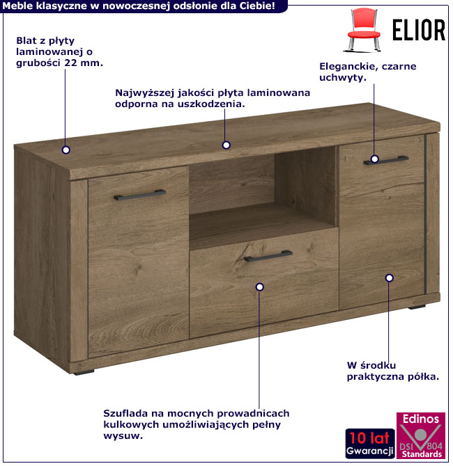 Infografika klasycznej szafki pod telewizor dąb lefkas Aiken 9X