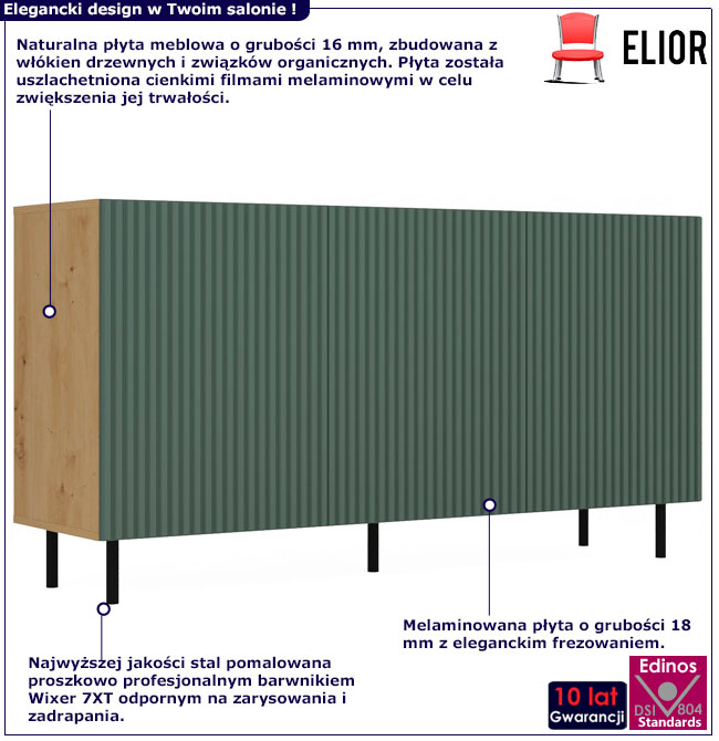 Infografika dużej komody z zielonymi ryflowanymi frontami kemi 5x