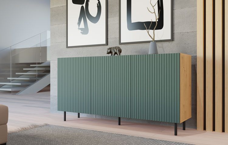 Salon z zieloną trzydrzwiową komoda Frea 5X