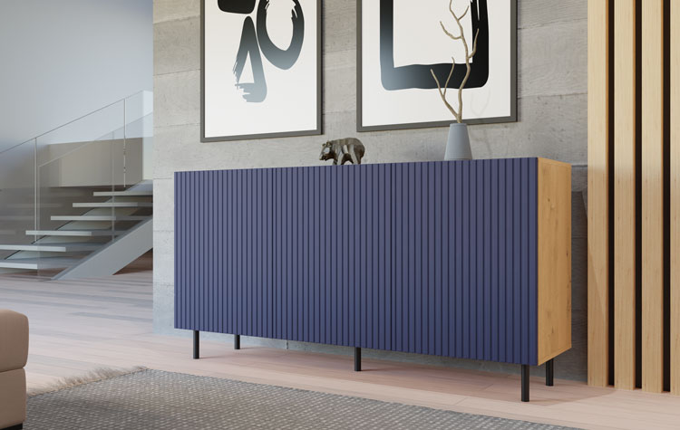 Salon z wykorzystaniem komody ryflowanej granatowej Frea 5X