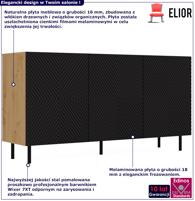 Infografika komody na nózkach z czarnymi frontami Mofo 5X