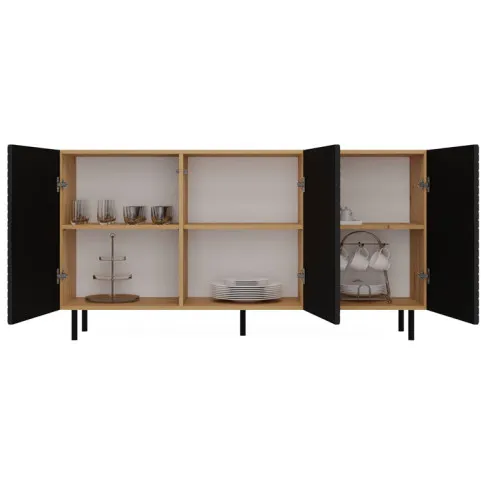 wnętrze trzydrzwiowej nowoczesnej komody na nóżkach dab artisan czarny Xeni 5X