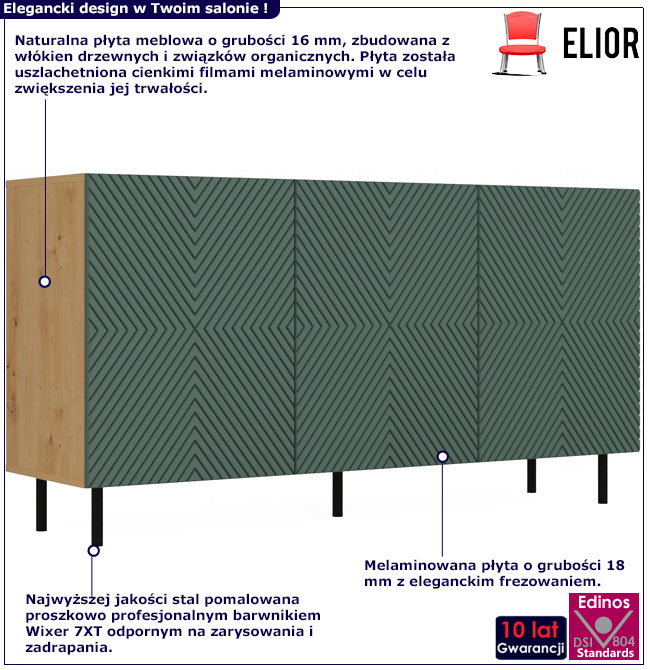 Infografika komody na nózkach z zielonymi ryflowanymi frontami Xeni 5X