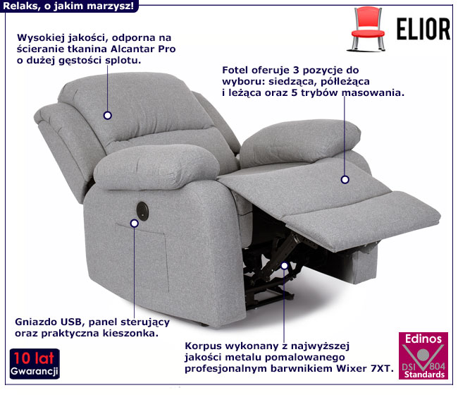 Szary fotel z masażem i podnóżkiem Euron 4X