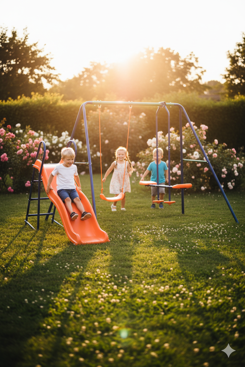 Aranżacja ogrodu z zestawem huśtawki ogrodowej ze zjeżdżalnią - Klaren 7X