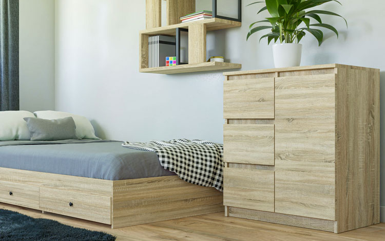 Sypialnia z wykorzystaniem minimalistycznej komody dąb sonoma Fida