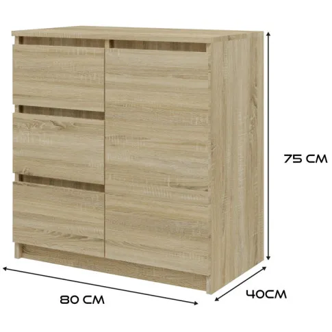 wymiary nowoczesnej komody z 3 szufladami i szafką Fida sonoma