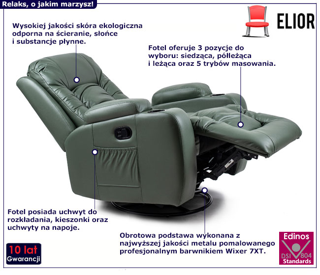 Zielony obrotowy fotel masujący rozkładany Bergos 3X