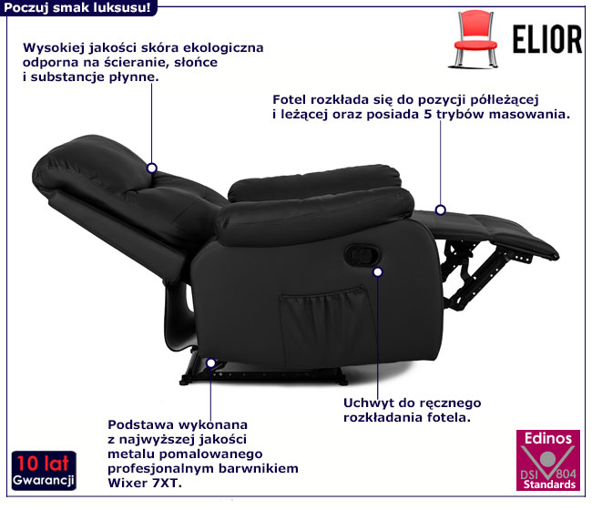 Czarny elegancki fotel z masażem i podnóżkiem Edip 3X