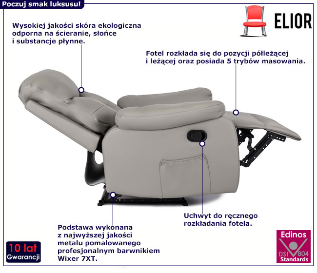 Szary fotel z masażem rozkładany do 3 pozycji Edip 3X