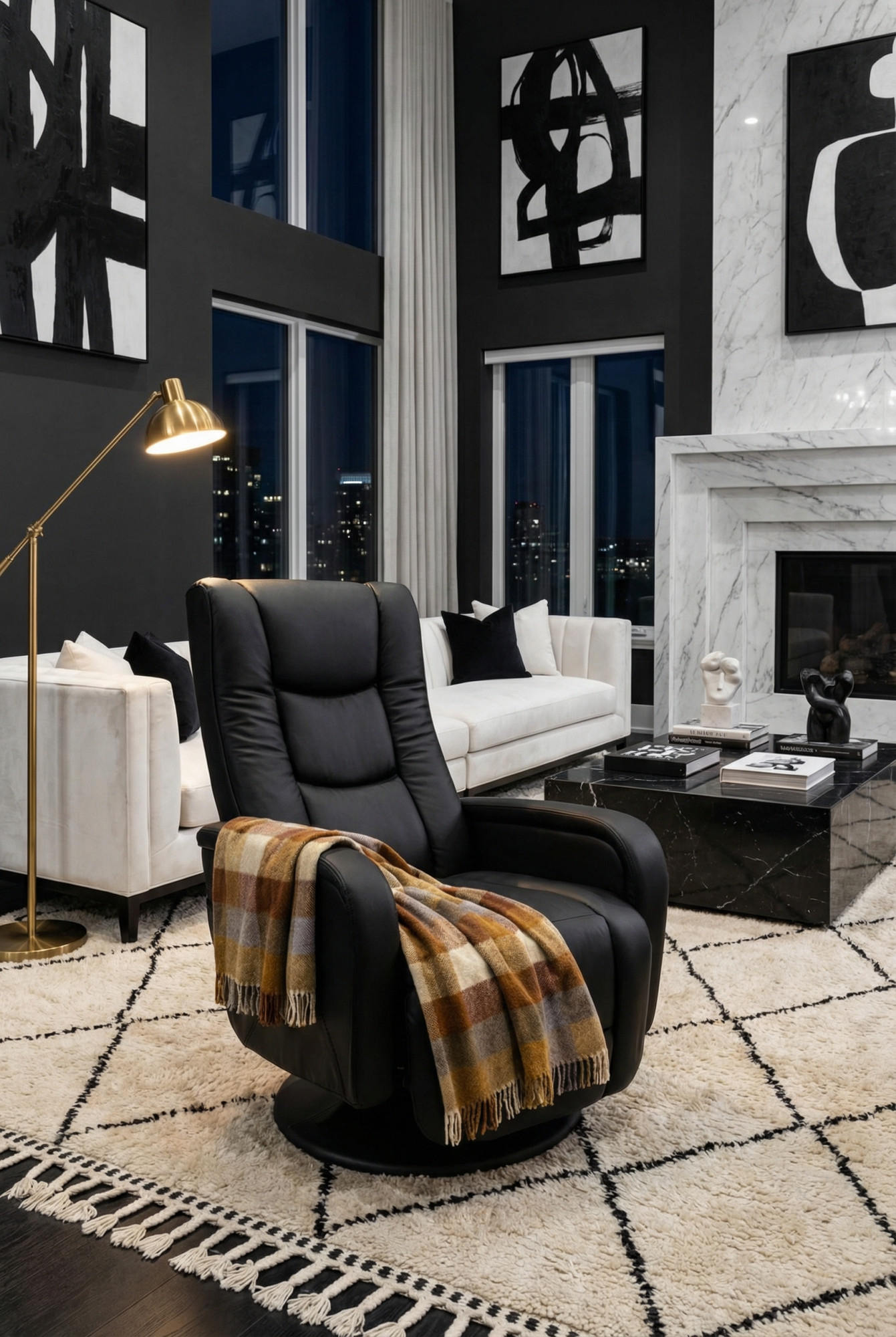 Aranżacja wnętrza z czarnym fotelem masujacycm rara 4x