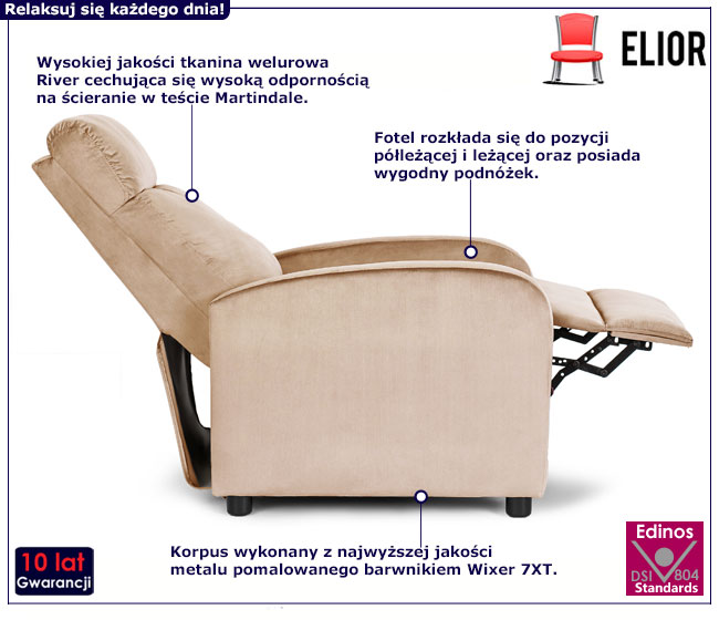 Beżowy welurowy fotel z podnóżkiem do salonu Alho 4X