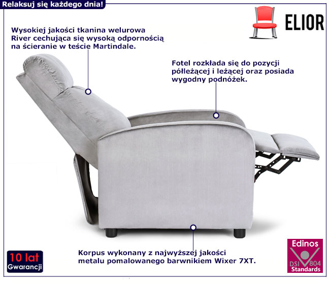 Szary welurowy fotel z podnóżkiem do salonu Alho 4X