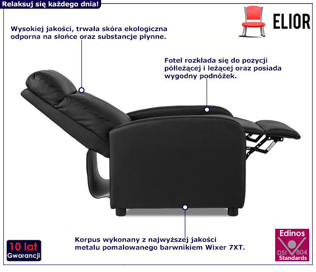Czarny skórzany fotel z podnóżkiem do salonu Alho 5X