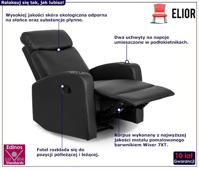 Czarny skórzany fotel wypoczynkowy Honet 4X